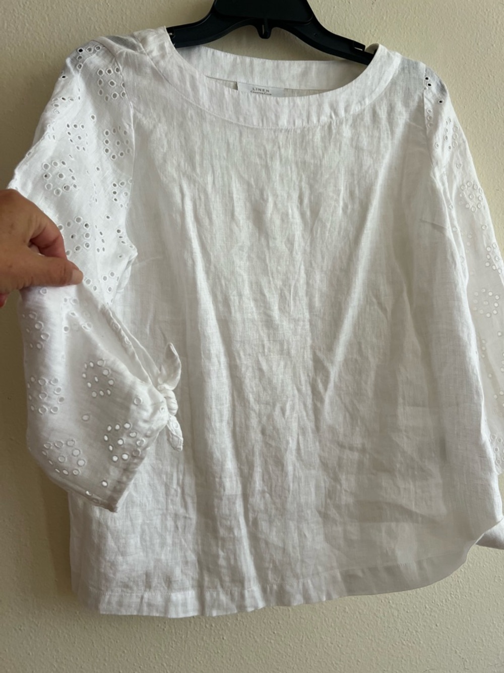 New 100% Linen Charter Club luxury White Eyelet Tie Sleeve Blouse Size P M - Picture 8 of 9